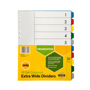 MARBIG POLYPROPYLENE DIVIDERS 10 Tab A4 Multi-Colour Extra Wide