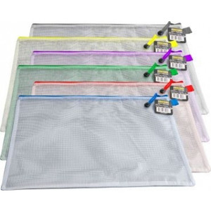 CLEAR MESH PVC PENCIL CASE 39cm x 34cm B4 Available in 6 Assorted Zip Colours - sold individually - PRICE PER EACH