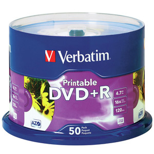 VERBATIM RECORDABLE WHITE INKJET PRINTABLE DVDS DVD+R 4.7GB 16X Spindle Pk50