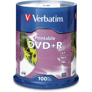 VERBATIM RECORDABLE WHITE INKJET PRINTABLE DVDS DVD+R 4.7GB 16X Spindle Pk100
