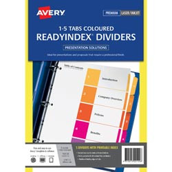 AVERY L7411-5 READY INDEX A4 1-5 Index White, Assorted Tabs Includes 5 Tabs