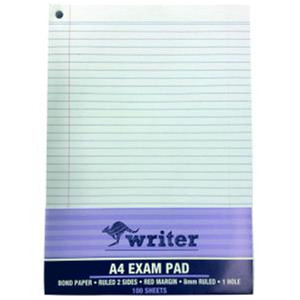 WRITER A4 100 Sheet Bond Exam pad ruled + 1 Hole + red margin