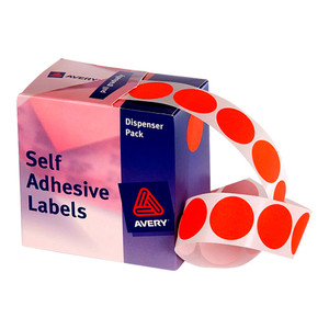 AVERY DISPENSER LABELS Circles DMC24R 24mm Red, Pk500