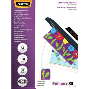 FELLOWES LAMINATING POUCHES A4, 80 Micron, Gloss Pk100