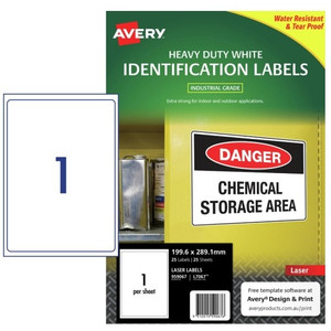 AVERY DURABLE HEAVY DUTY WHITE IDENTIFICATION LASER LABELS L7067 1 Label Per Sheet 199.6x289.1mm 25 Sheets