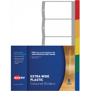 AVERY PLASTIC DIVIDERS MULTI-COLOURED EXTRA WIDE 1-5 TABS