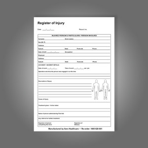 AEROSUPPLIES A5 Register of Injuries Duplicate Pad (25 pages), Each