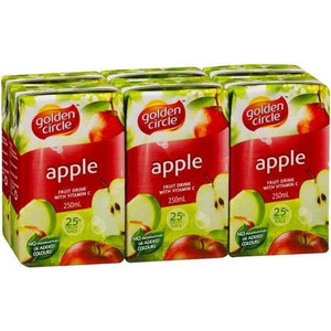 GOLDEN CIRCLE APPLE FRUIT DRINK with Vitamin C Pack of 6 x 250ml Juice Boxes 0730