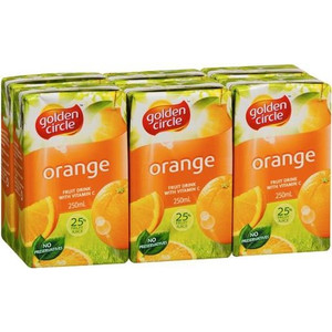 GOLDEN CIRCLE ORANGE BURST JUICE FRUIT DRINK Pack of 6 x 250ml Juice Boxes 0714