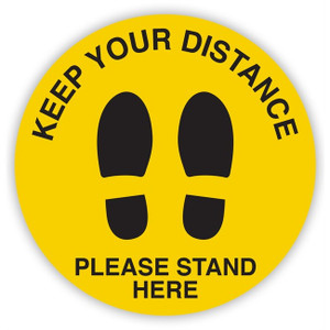 Social Distance Circular Sign Keep Your Distance Please Stand Here with Shoe Prints Yellow & Black (Each)