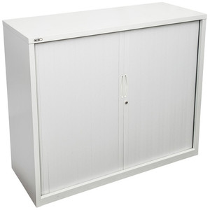 STEELCO TAMBOUR DOOR CUPBOARD 3 SHELF WHITE SATIN 1200H x 1200W x 463D