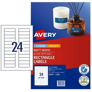 Avery L7665 Permanent Multi-purpose Labels 72 x 21.15 mm Laser / Inkjet 24 Labels Per Sheet (600 Labels / 25 Sheets)