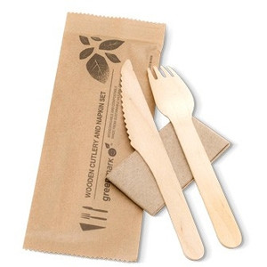 6” Fork/Knife/Napkin Wooden Cutlery with Napkin Biodegradable and Compostable 400 Sets