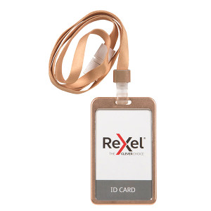 REXEL ID CARD HOLDER WITH LANYARD ALUMINIUM ROSE GOLD PORTRAIT