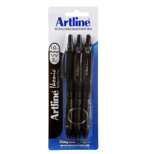 ARTLINE IKONIC BALLPOINT RETRACTABLE GRIP MEDIUM BLACK 3PK