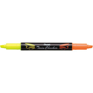 Pentel SLW8 Twin Checker Twin Tip Dual Colour Highlighter Yellow & Orange Ink, Each