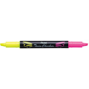 Pentel SLW8 Twin Checker Twin Tip Dual Colour Highlighter Yellow & Pink Ink, Each