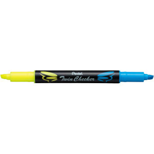 Pentel SLW8 Twin Checker Twin Tip Dual Colour Highlighter Yellow & Sky Blue Ink, Each