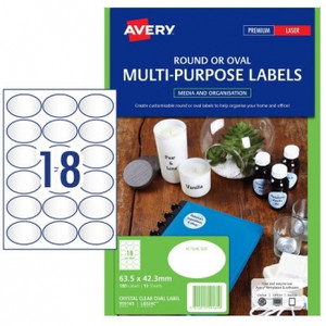 AVERY L6024C CRYSTAL CLEAR OVAL MULTI-PURPOSE LABELS 63.5 X 42.3 MM, LASER, PERMANENT 80 LABELS / 10 SHEETS (180 Labels)