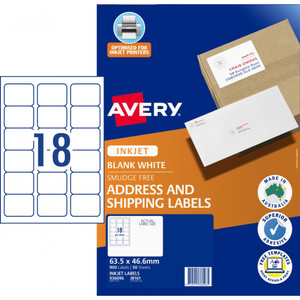 AVERY LABEL INKJET A4 18UP 63MM X 46MM WHITE J8161 (50 SHEETS - 900 LABELS)
