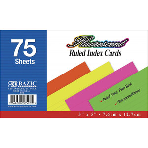 BAZIC RULED FLUORESCENT INDEX CARDS PK75 ASSTD COLOURES LINED 5 X 3 - 75 X 125