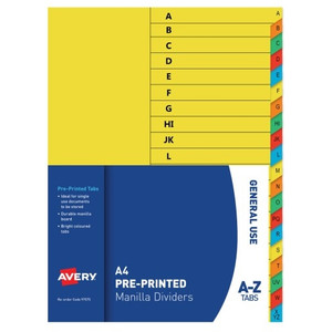 AVERY 97575 DIVIDER MANILLA A-Z TABS A4 BRIGHT MULTI COLOURED