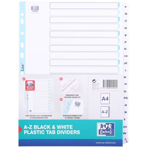 Oxford A4 A-Z Plastic Tab Dividers Reinforced Black/White