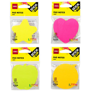 Deli Stick On Notes Assorted Shapes 20 Sheets per Pad, 4 Bags of Each Shape, Star/Heart/Apple/Orange (Pack of 12)