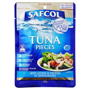 SAFCOL GOURMET ON THE GO TUNA WITH LEMON & PEPPER IN SPRINGWATER PO 100GM