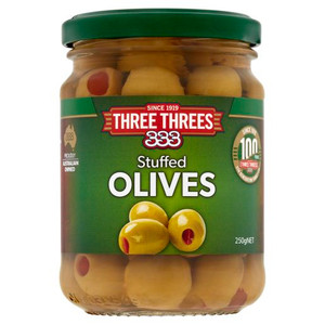 THREE THREES STUFFED GREEN OLIVES 250GM
