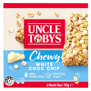 UNCLE TOBY CHEWY MILKY WHITE CHOCOLATE CHIP MUESLI BAR 185GM  (BOX OF 6 BARS)