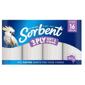 SORBENT SILKY WHITE 3PLY TOILET TISSUE 16PK 180 sheets 10x10.5cm