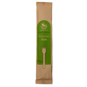 Wooden Cutlery Fork Individually Paper Wrapped Kraft 165mm, Carton of 1000