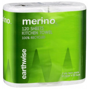 MERINO EARTHWISE 1159 KITCHEN HAND ROLL TOWEL 100% RECYCLED 120 Sheets 2 Ply Carton of 20 *Out of Stock*