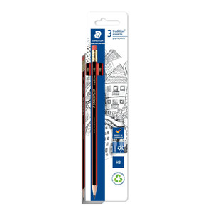 Staedtler 112 Tradition Eraser Tip Graphite Pencils - HB, Card of 3
