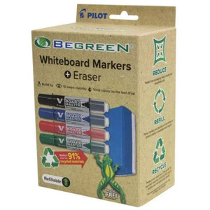 PILOT BegreeN V Board Master Whiteboard Marker Bullet Tip Kit (Black, Blue, Red & Green) + Eraser