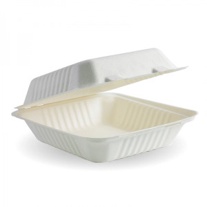 WOW 8 x 8 x 3” 1 - Compartment Sugarcane Clamshells, Carton of 200