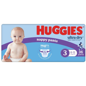 HUGGIES NAPPY PANTS ULTRA DRY RAPID DRY TECHNOLOGY 6-12KG SIZE 3 TAILOR MADE FOR BOYS PK36