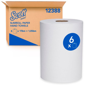 SCOTT Slimroll Paper Hand Towels (12388), White Paper Towel 176m Roll, Carton of 6 Rolls
