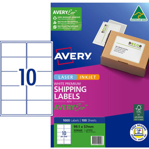 Avery Eco-Friendly Recyclable L7173 Premium Shipping Labels 99.1 x 57mm, Laser, Inkjet, Permanent 10UP, Pack of 100 Sheets (1000 Labels)