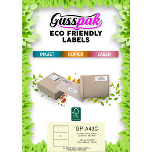Gusspak White Eco-Friendly Laser/Inkjet/Copier Labels - 210m x 98.6mm (No Border) - 3 Label Per Sheet - Pack Of 100 Sheets