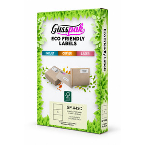 Gusspak White Eco-Friendly Laser/Inkjet/Copier Labels - 210m x 98.6mm (No Border) - 3 Label Per Sheet - Pack Of 100 Sheets