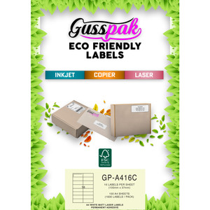 Gusspak White Eco-Friendly Laser/Inkjet/Copier Labels - 105mm x 37mm (No Border) - 16 Labels Per Sheet - Pack Of 100 Sheets