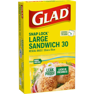 Glad Snap Lock Resealable Large Sandwich Bags 20 x 19cm, Pack of 30