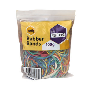 MARBIG RUBBER BANDS COLOURED ASSORTED 100G ASSORTED SIZES & COLOURS 100G