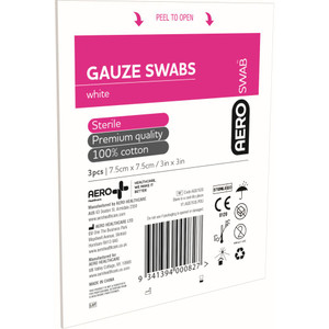 AEROSWAB Sterile White Gauze Swab 7.5 x 7.5cm, Pack of 3