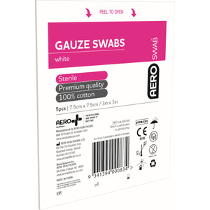 AEROSWAB Sterile White Gauze Swab 7.5 x 7.5cm, Pack of 5