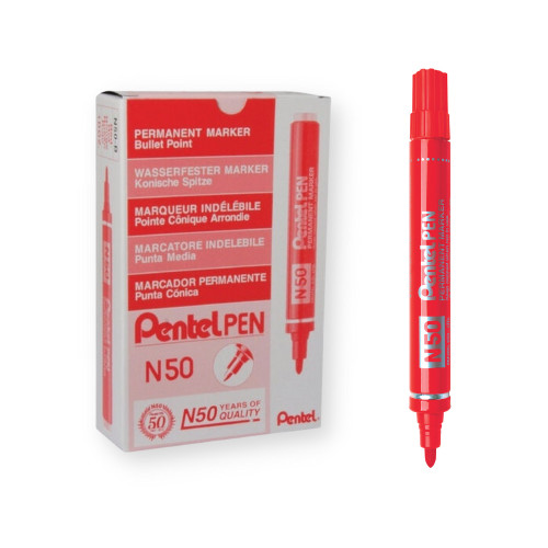 Pentel N50 Permanent Marker Bullet Point 1.5mm Red, Box of 12