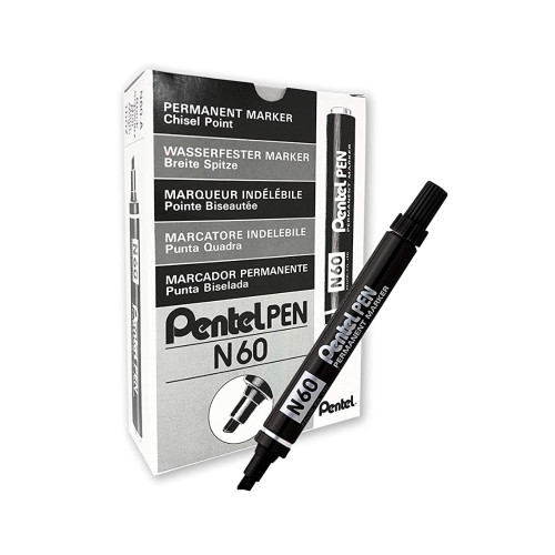 Pentel N60 Permanent Marker Chisel Point 2.5-5.5mm  Black, Box of 12