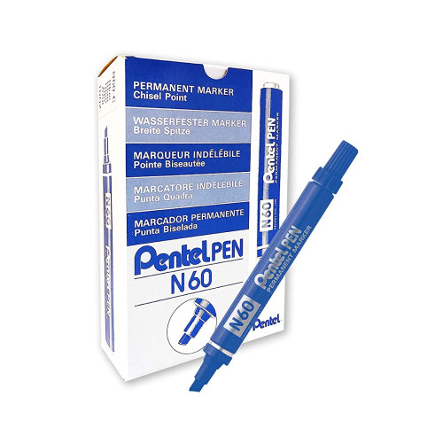 Pentel N60 Permanent Marker Chisel Point 2.5-5.5mm  Blue, Box of 12